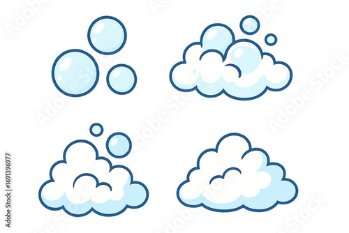 Bubble and foam vector icon set. Cartoon soap suds collection for web, apps, books. Blue water bubbles illustration. Clean wash concept. Lather graphic element design.