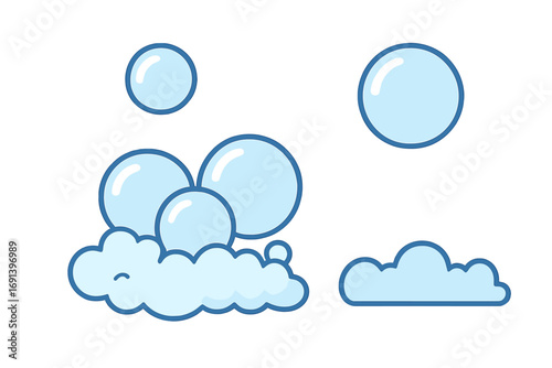Bubble and foam icon set for web and apps. Vector cartoon illustration of soap suds and blue transparent bubbles. Water fizz and effervescent liquid design elements.