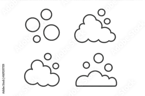 Soap bubble and foam line icon set. Suds, lather, and fizzy water bubbles vector graphic. Minimalist symbol for cleaning, washing, laundry, cosmetics, and carbonated drinks.