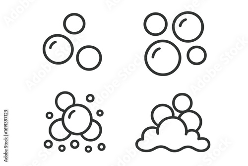 Bubble and foam outline icon set. Vector illustration of soap suds, effervescent fizz, and carbonated water. Simple line art symbols for web, apps, cleaning, and shampoo.