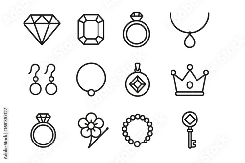 Jewelry line icon set. Diamond, gem, ring, necklace outline icons. Precious stone & crystal signs for web design, apps. Luxury fashion accessories vector illustration.
