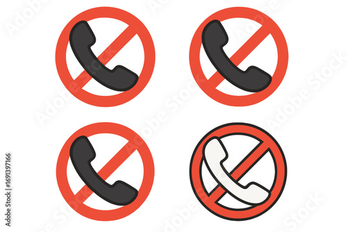 Phone call prohibited sign vector set, no phone symbols for graphics, designs, books, adverts, apps, transparent background, cartoon style, ordered icons collection, communication ban