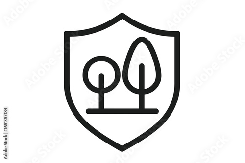 Environmental protection shield icon with trees. Nature conservation, ecology, and sustainability concept. Vector line art for logo, web, app, and graphic design elements.