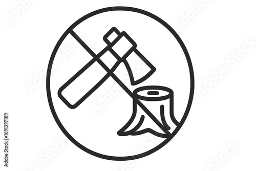 No felling icon, do not cut trees sign. Deforestation prohibition symbol with an axe and stump. Concept for environmental protection, forestry conservation, and saving the forest.