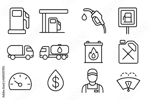 Gas station line icon set. Petrol pump, fuel nozzle, tanker truck and car service symbols. Outline pictogram collection for web and apps. Editable stroke vector illustration.