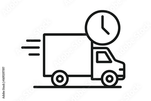 Fast delivery truck icon. Express shipping service concept. Logistics and transport symbol with a clock for on-time delivery. Cargo van moving quickly. Vector line art.