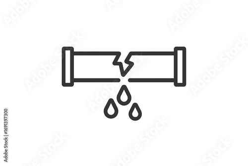 Broken pipe water leak outline icon. Burst pipeline with dripping water drops. Plumbing problem, house damage, and home repair service concept. Vector line illustration for web.