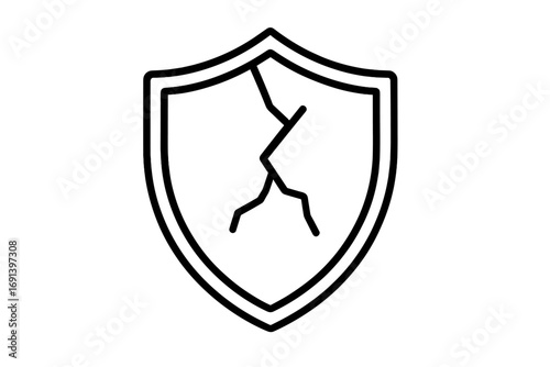 Cracked shield icon. Broken protection and security symbol. Metaphor for vulnerability, risk, failure, and danger. Damaged defense concept for cybersecurity and data breach.