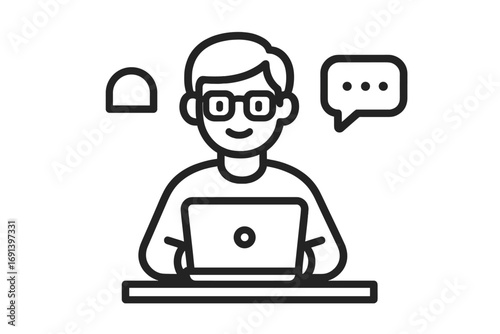 Remote worker freelancer icon modern outline style design, digital nomad working on laptop, home office concept, freelance job, online communication, vector cartoon illustration transparent background
