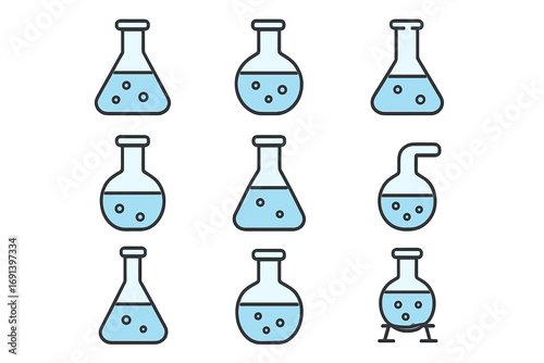 Science lab icon set. Chemistry glassware, beaker, erlenmeyer flask line vector collection. Laboratory equipment for experiment, research, education. Blue liquid pictograms.