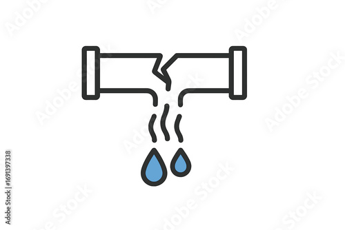 Broken pipe water leak icon. Plumbing problem, burst pipeline, damage concept. Simple outline vector for emergency repair service. Household accident, leakage, dripping drops.