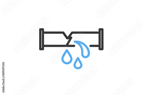 Broken pipe water leak icon. Plumbing problem symbol. Burst pipeline, water damage and leakage concept. Dripping water from a damaged tube. Outline vector for emergency repair service.