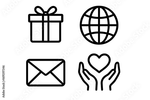 Charity and donation line icon set. Gift, present, and volunteering concepts. Globe, mail, heart in hands icons for graphics, apps, and web design. Philanthropy and support symbol.