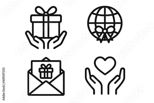 Charity and donation line icon set. Gift, present, and love symbols. Vector icons of hands holding heart, globe with bow, mail. Generosity, support, and giving concept.