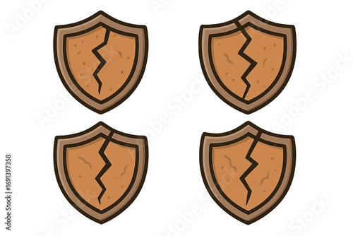 Broken shield vector icon set. Cracked medieval or fantasy badge. Concept of vulnerability, lost defense, data breach, protection error, or risk. Damaged guard symbol.