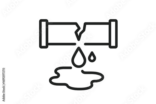 Broken pipe water leak icon. Vector line symbol of plumbing problem, burst pipeline, and dripping. Water damage, leakage, and emergency repair concept illustration.