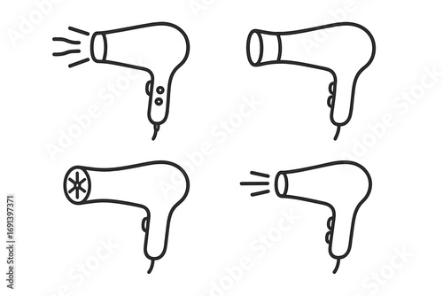 Hair dryer line icon pack. Minimalistic linear pictogram set for web, graphic design, apps. Blow dryer vector cartoon illustration. Hair care, salon, barbershop symbol.