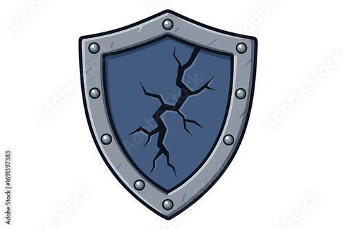 Cracked shield vector illustration. Concept of failed protection, vulnerability, risk, and data breach. Broken defense icon. Symbol of damage, danger and insecurity.