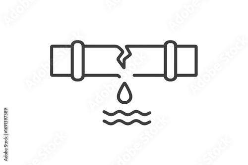 Broken pipe icon. Water leak, burst pipeline concept. Plumbing problem, water damage symbol. Drip from tube. Emergency repair service. Leakage illustration simple line vector.