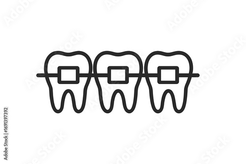 Teeth with braces line icon. Orthodontic treatment, dental care concept. Tooth alignment, correction symbol. Vector illustration for dentistry, stomatology, web design.
