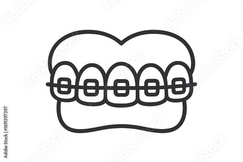 Teeth with braces line icon. Orthodontic treatment symbol. Dental care and dentistry concept. Healthy smile, teeth alignment and correction vector illustration. Oral hygiene.