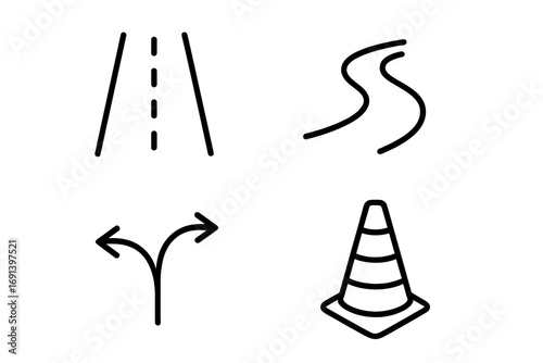 Road and traffic line icon set. Winding street, highway path, and direction fork arrow for choice. Traffic cone symbol for safety. Vector outline icons for travel, navigation design.
