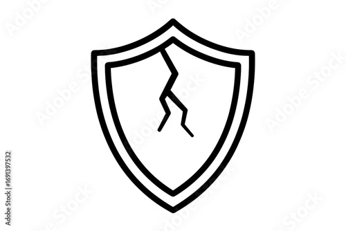 Cracked shield icon. Broken protection and security symbol. Concept of vulnerability, risk, danger and data breach. Unsafe, insecure and weak defense. Vector line art.