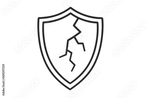 Cracked shield icon vector illustration. Concept of vulnerability, failed security, and data breach. Broken protection symbol for risk, danger, and system error. Simple line art.