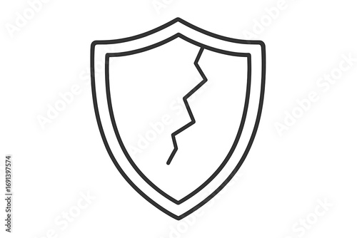 Cracked shield icon. Broken security symbol. Vulnerability and risk concept. Vector illustration for protection failure, data breach, insecure system, cyber attack.