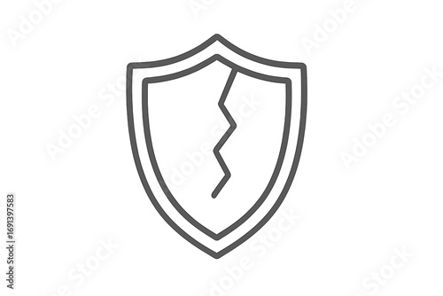 Cracked shield icon of vulnerability, risk, and lost protection. Symbol of failed security, data breach, or cyber attack. Unsafe, weak defense, and danger metaphor.