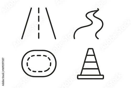 Road line icon set for transport and travel concepts. Simple outline signs for graphic and web design. Includes highway, winding path, race track, and traffic cone symbols.