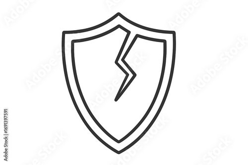 Cracked shield line icon. Concept of vulnerability, weak protection, and security failure. Broken defense symbol for data breach, cyber attack, or risk. Unsafe, unprotected.