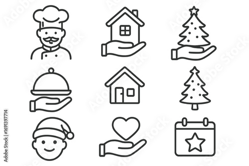 Charity and donation line icon set. Home care, food delivery, holiday help concepts. Chef, house, christmas tree, heart on hand outline pictograms for web, apps, ui, ux.