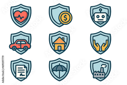 Insurance shield icon set. Vector symbols for health, life, auto, home, and business protection. Financial safety, risk management, and security concept for web, apps.