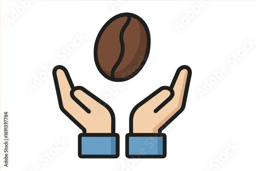 Coffee bean in open hands vector icon. Concept for quality, harvest, fair trade, cafe, barista, and specialty coffee. Flat illustration logo symbol for apps, web design.