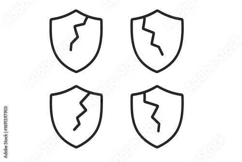 Cracked shield icon set. Broken protection and security failure concept. Vector line illustration. Vulnerability, risk, danger, and attack. Unsafe, defenseless symbol.