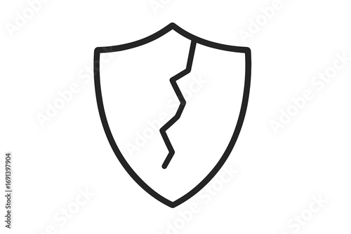 Broken shield icon vector line art. Concept of vulnerability, risk, failed security, and data breach. Damaged defense symbol for cyber attack, lack of protection, or error.
