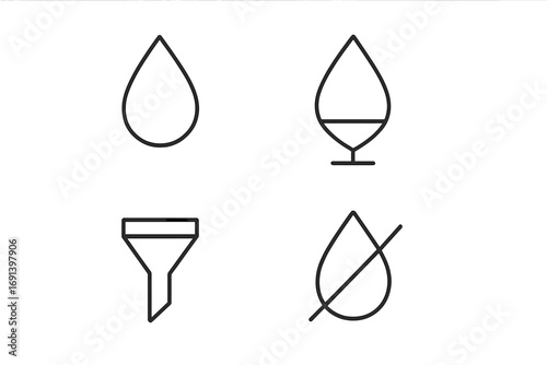 Water filter and drop icon set. Linear symbols for purification, clean liquid, and water conservation. Funnel, no water sign. Minimalist vector for UI, UX, web design.