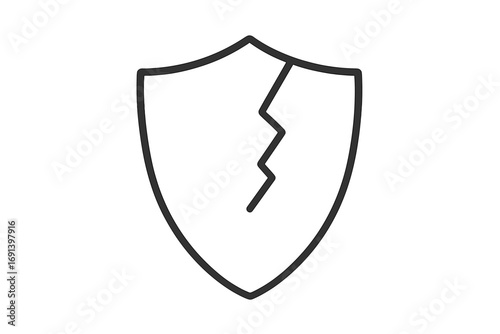 Broken shield icon for vulnerability and risk. Cracked defense symbol for data breach, insecurity, and failure. Unprotected concept illustration. Simple line art vector logo.