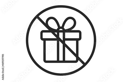 No gifts icon. Gifts prohibited sign. Anti-corruption, bribery concept. Forbidden present symbol. Warning, restriction, not allowed pictogram. Vector line art illustration.