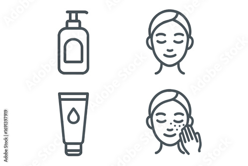 Minimalistic Skincare Thin Outline Icons Set for Web, Apps, Banners, and Social Media, Facial Care, Lotion Pump, Moisturizer Tube, Facial Cleansing and Exfoliation, Transparent Background Vector