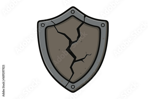 Broken stone shield cartoon vector. Cracked defense icon. Concept of vulnerability, risk, danger, and failure. Lost protection, insecurity, and system breach symbol.