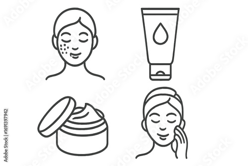 Skincare routine icons set with face cream, moisturizer tube, application process, and facial treatment symbols, minimal outline line art vector illustration for beauty and wellness designs