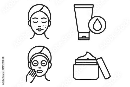 Skincare outline line icons set for beauty and health care, facial skin treatment, cream jar, moisturizing lotion tube, facial mask application, spa and wellness vector illustration