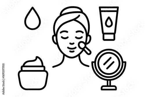 Skincare icons set with face mask, cream jar, moisturizer tube, mirror and water drop symbols, beauty and wellness outline vector, skincare routine and facial care illustration for apps and design