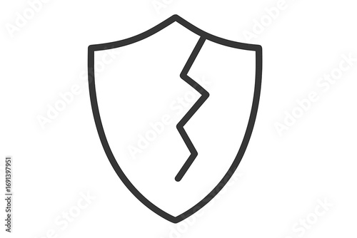 Cracked shield line icon. Concept of broken protection, vulnerability, risk, and danger. Unsafe, insecure, defense failure. Data breach, cyber security attack symbol.