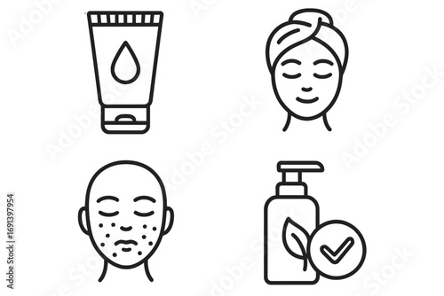 Skincare Outline Icons Set, Facial Care, Cleanser Tube, Healthy Skin Face, Acne Treatment, Natural Lotion Pump, Beauty Routine, Vector Cartoon Illustration