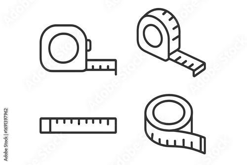 Measuring tape line icons. Construction ruler and tailor measurement tool vector set. Outline simple pictogram collection for size, length, and dimension. Editable stroke.