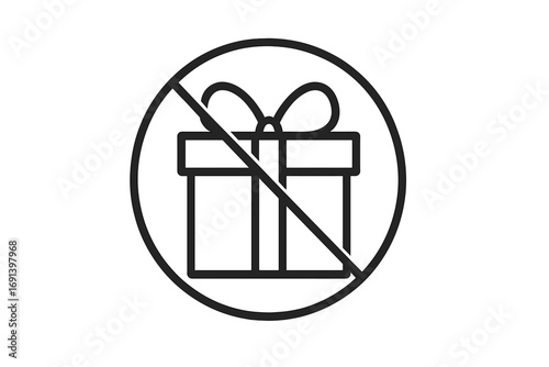 No gifts icon for business policy, anti-corruption, and bribery concepts. Forbidden present sign. Warning symbol for no gift-giving rules. Vector line pictogram illustration.