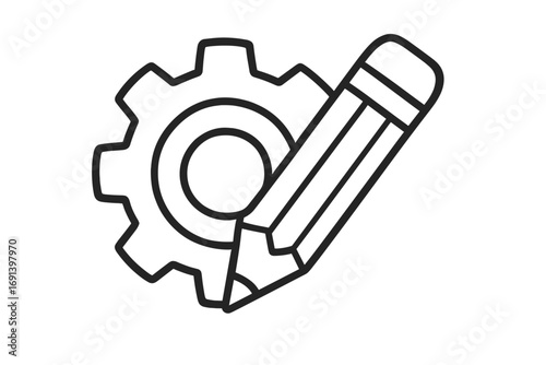 Pencil and gear icon for customization and development. Vector line art for web design, engineering, and creative process. Concept of configuration, settings, and setup.